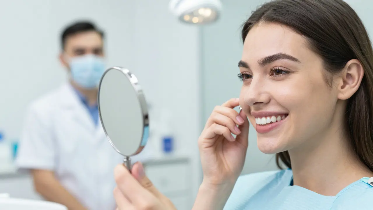 Zavřený detail šťastného člověka s perfektním úsměvem po aplikaci fazet.