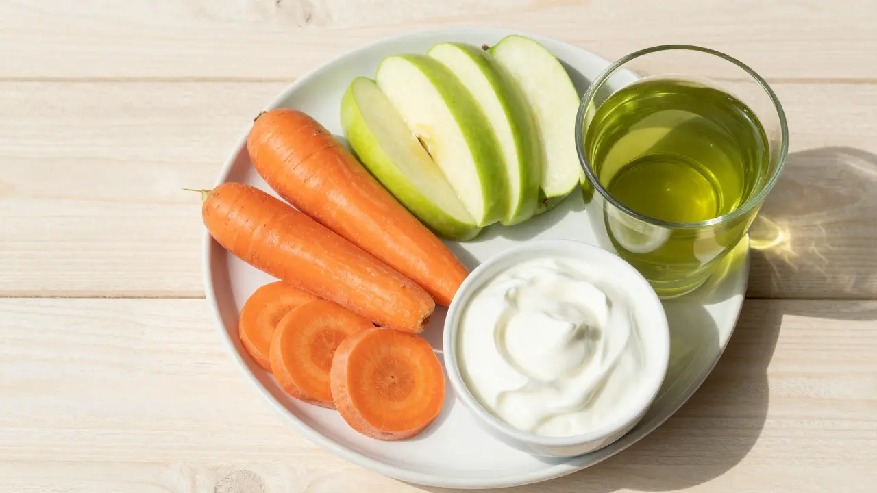 Zdravé potraviny pro zuby: mrkev, jablko, zelený čaj a jogurt