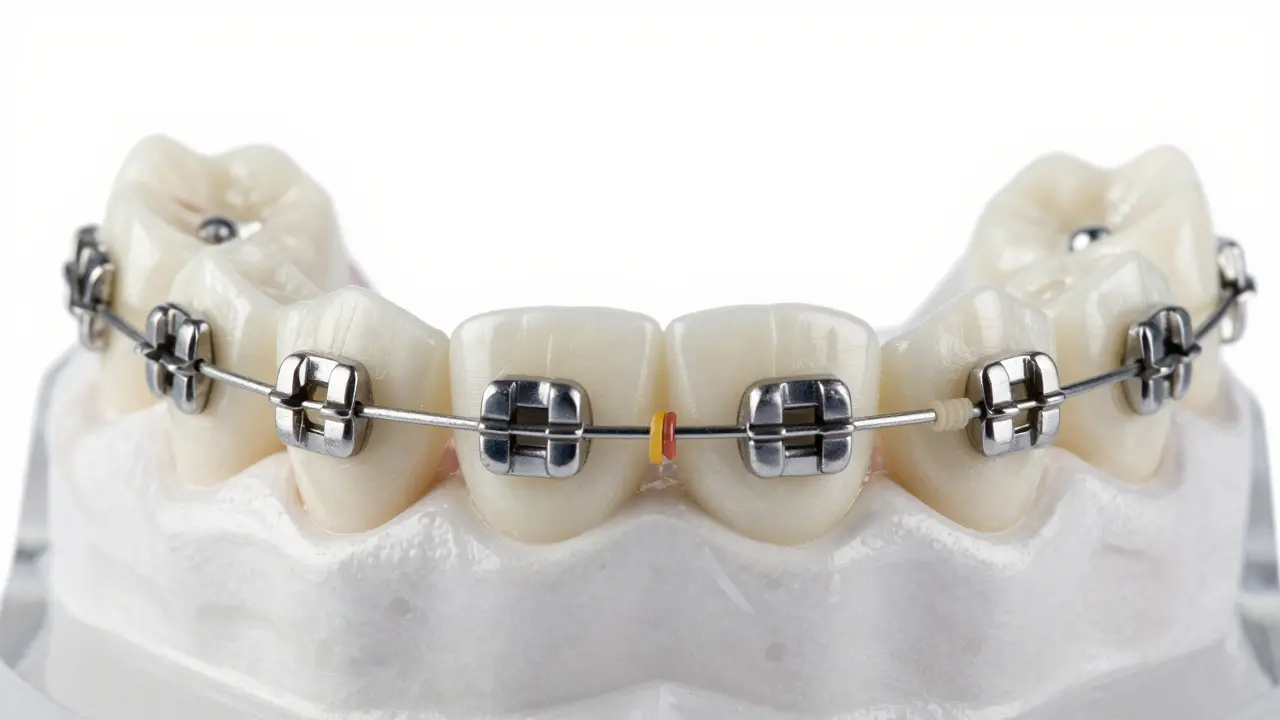 Detail kovových drátů a bracketů na zubu