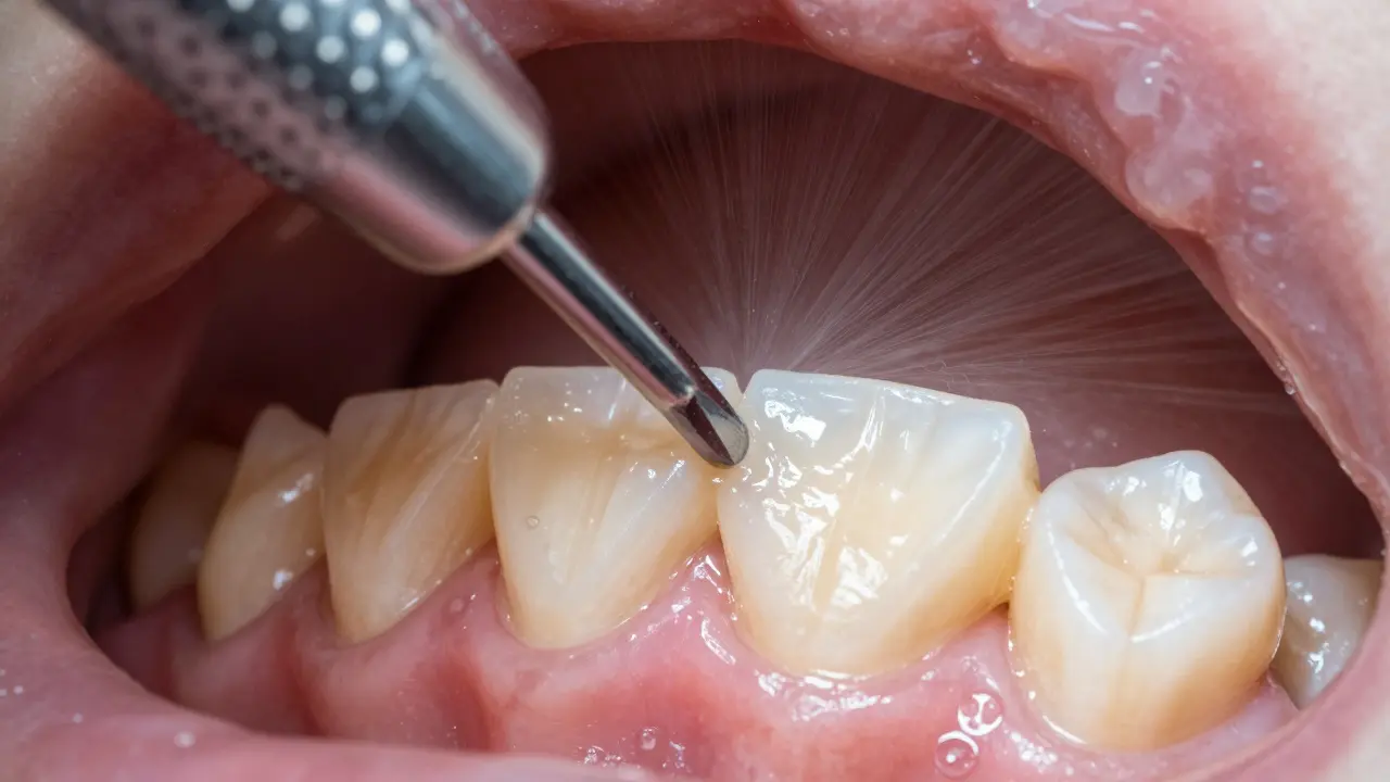 Detailní záběr broušení zubu diamantovým vrtákem s vodním chlazením