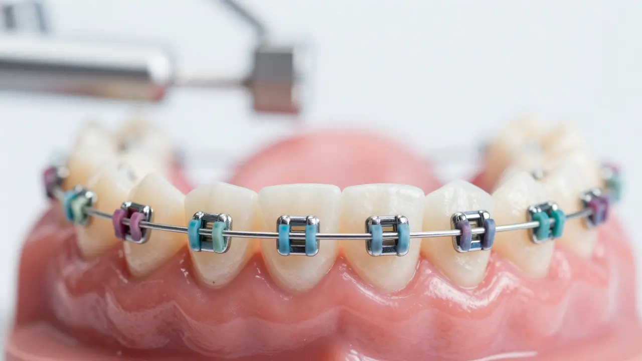 Detailní záběr fixních kovových rovnátek na zubech