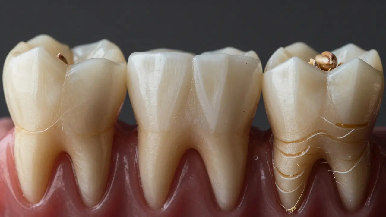 Detailní záběr na řezáky, špičáky a stoličky při zpracování různých potravin.