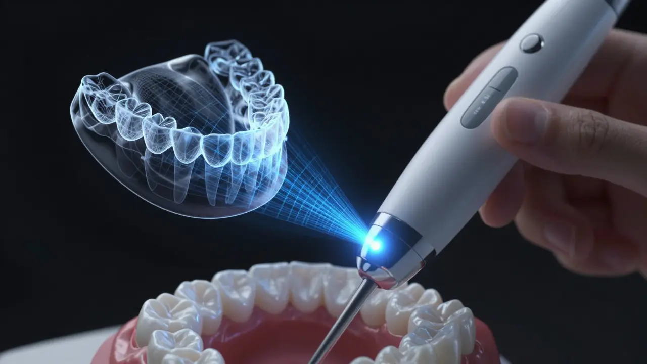 Digitální intraorální skener mapuje zuby pomocí modrého laseru