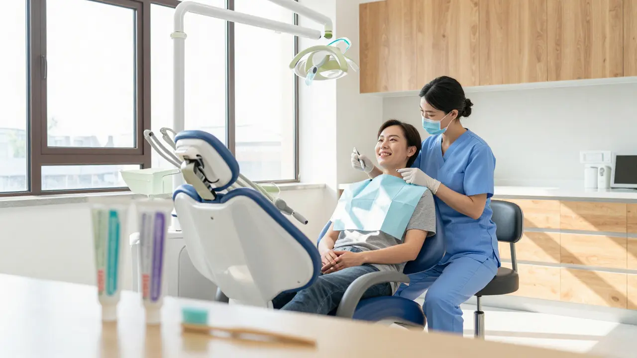 Moderní stomatologická ordinace s pacientem a hygienikem