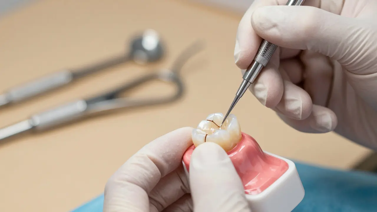 Stomatolog aplikuje kompozitní materiál na prasklý zub