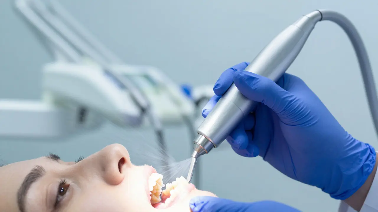 Zubní lékař používá ultrazvukový scaler pro čištění pod dásněmi