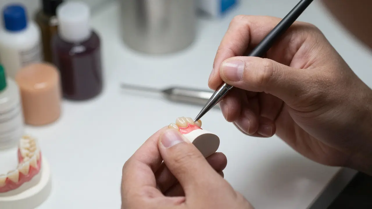 Zubní technik ručně maluje vrstvy na keramické faře