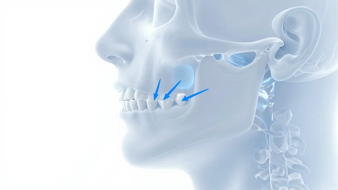 Anatomická ilustrace hlubokého skusu a predkusu