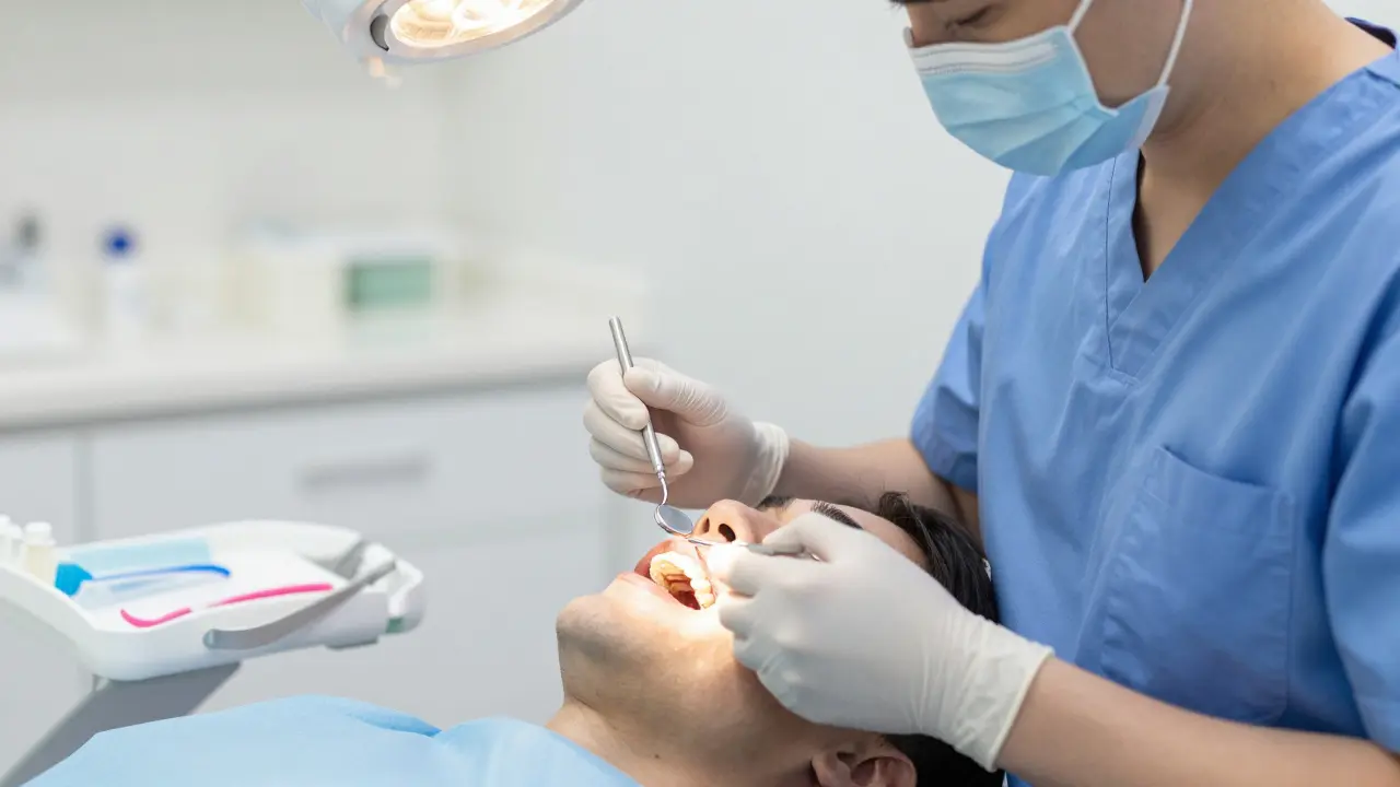 Dentista vyšetřuje zuby v ordinaci