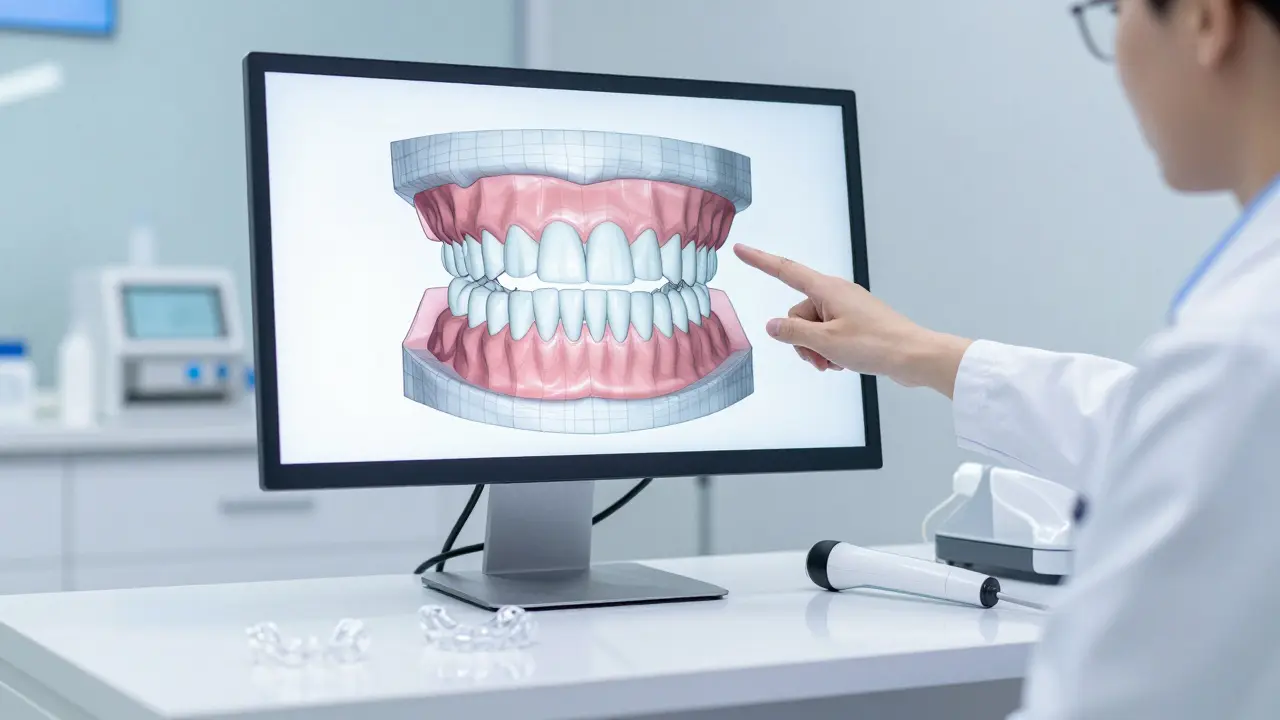 Ortodont ukazuje 3D model zubů a průhledná rovnátka v ordinaci