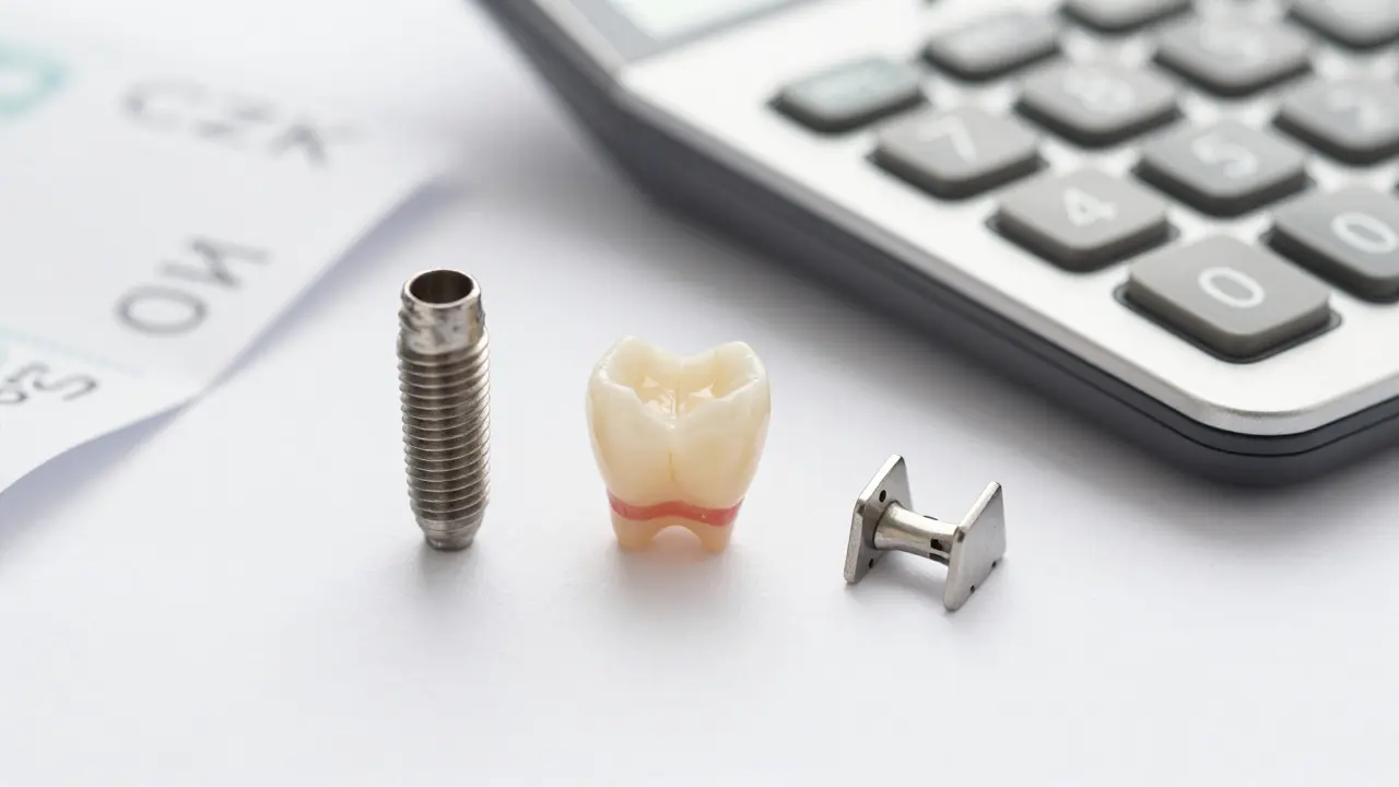 Titánový implantát, keramická korunka a kalkulačka