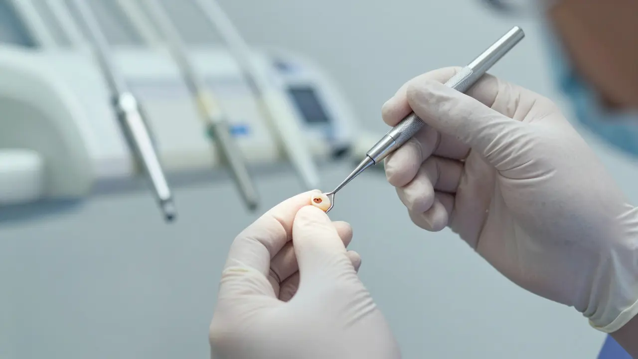 Zubní lékař kontroluje okraj kompozitní fazety nástrojem
