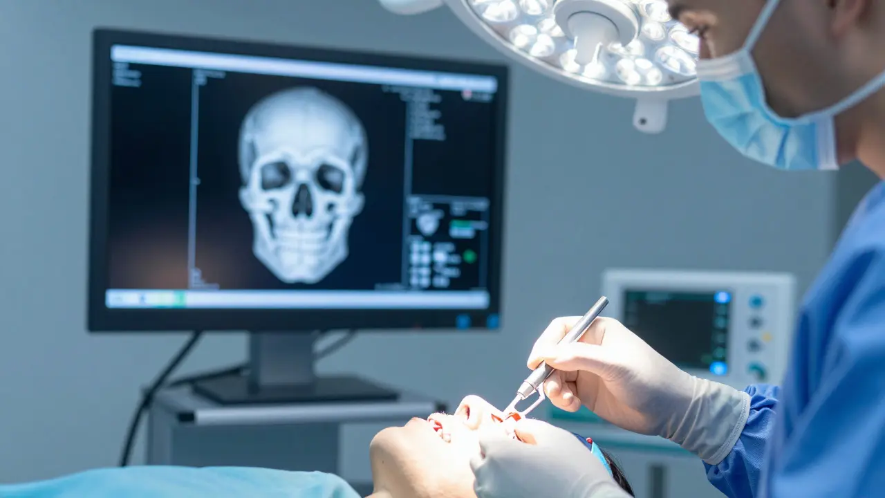 Chirurg v operační sále používá 3D navigaci pro přesný zákrok na čelisti