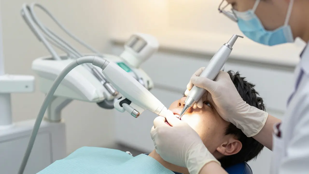 Dentista vyšetřuje zuby pacienta pomocí diagnostického přístroje