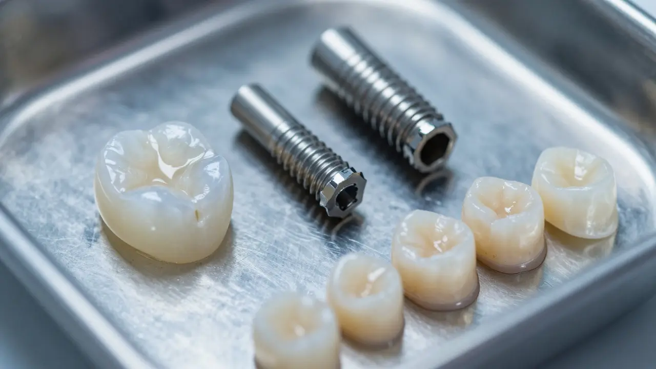 Detail keramické korunky a implantátu na sterilním podnose