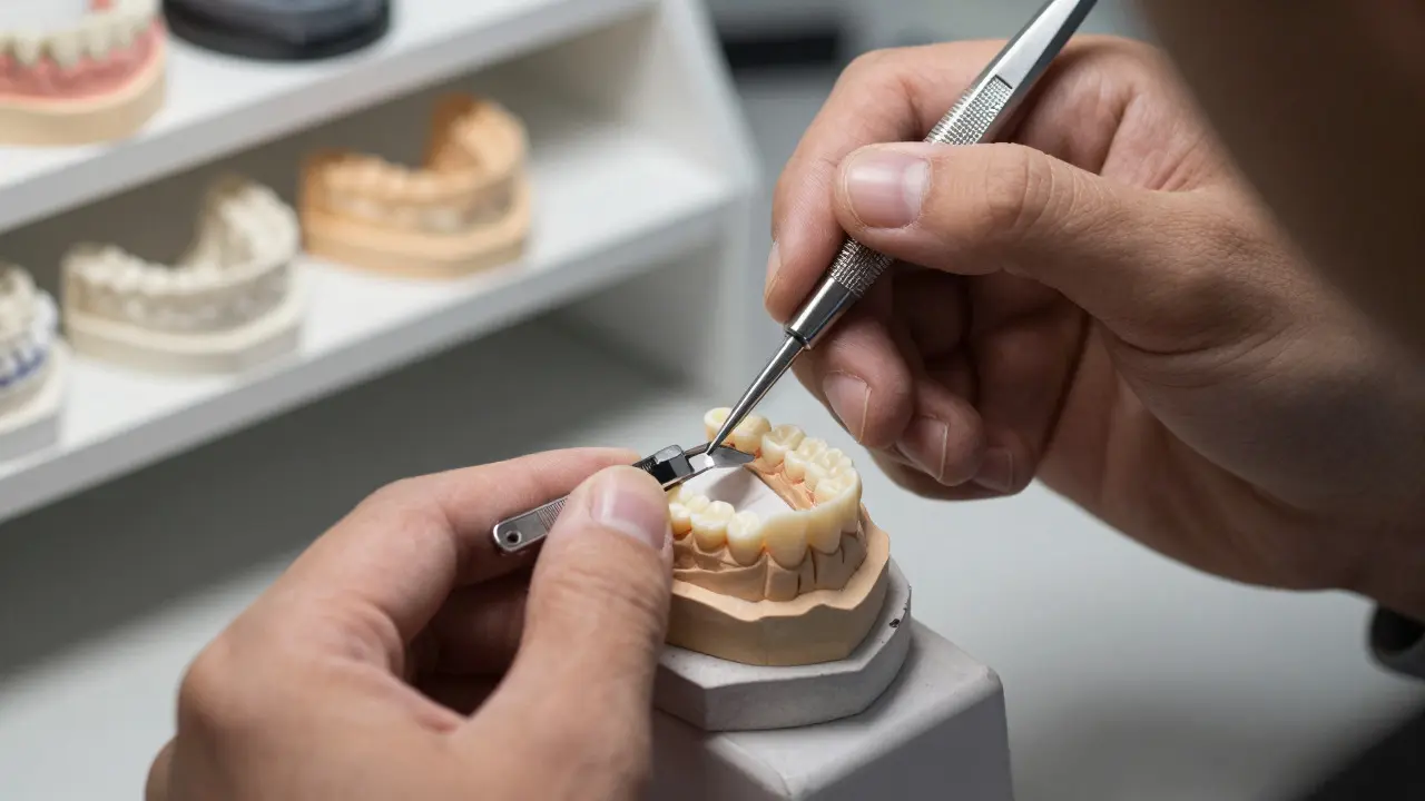 Detail práce zubního technika při výrobě keramického můstku v laboratoři