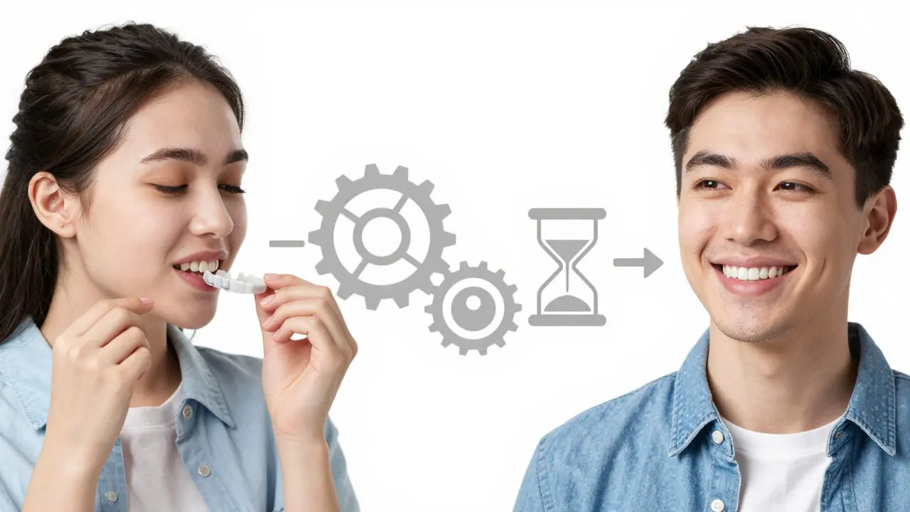 Konceptuální obrázek ukazující přechod od dočasného k definitivnímu zubnímu můstku