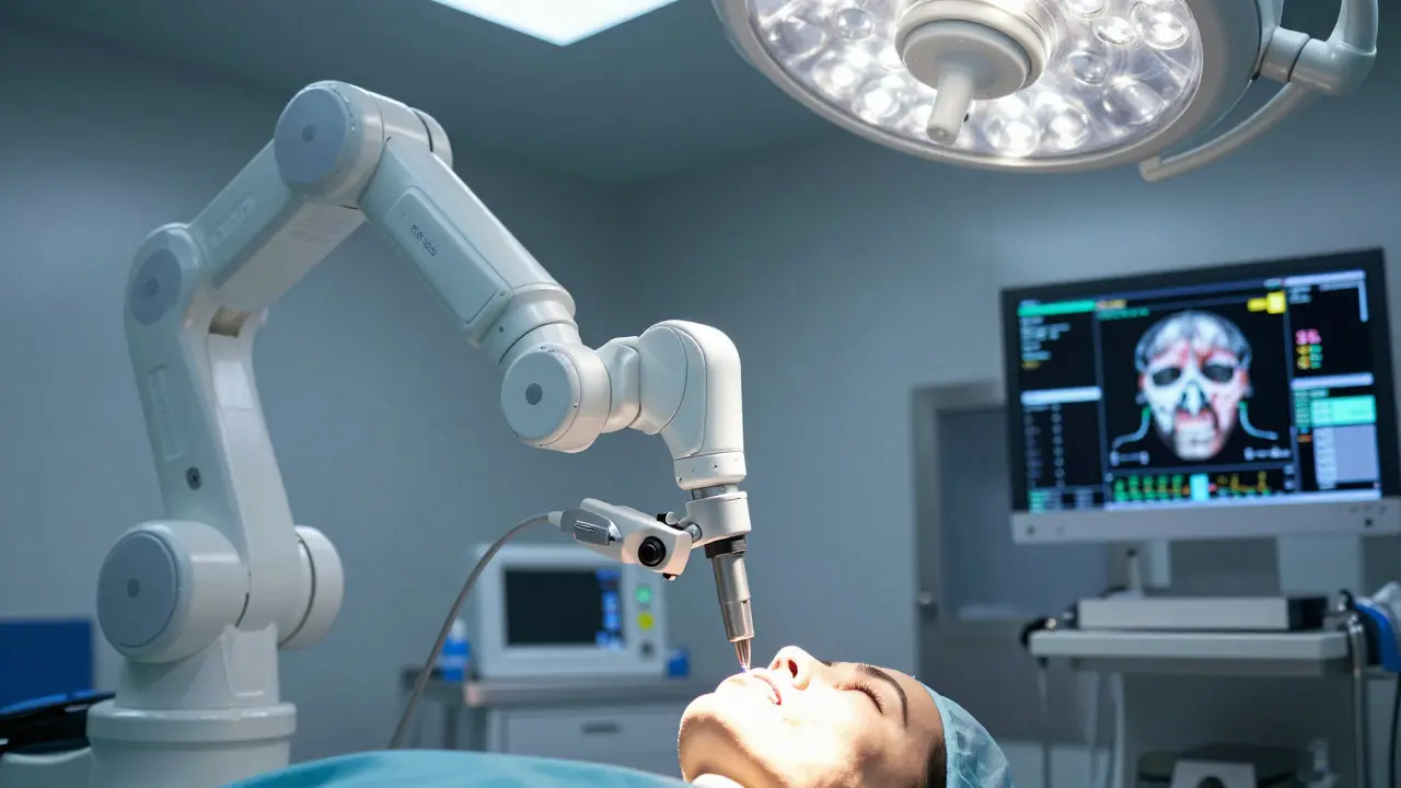 Robotická ruka provádí přesný zákrok v operační místnosti