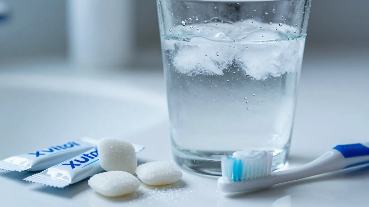 Sklenice vody, žvýkačky s xylitolem a zubní pasta pro ústní hygienu