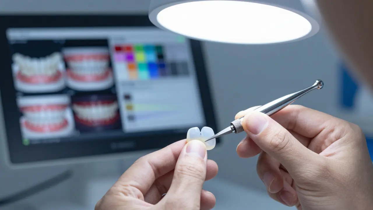 Technik leštitý porcelánovou fazetu v zubní laboratoři