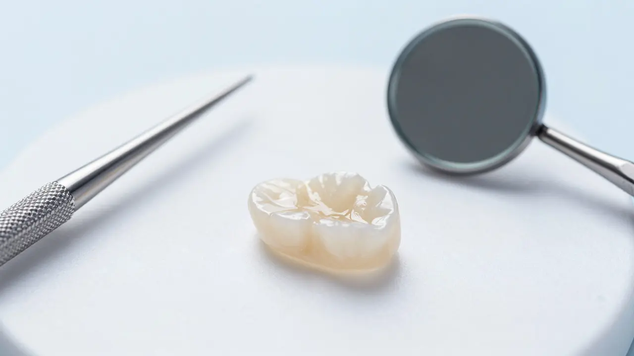 Tenká porcelánová zubní fazeta na sterilním podkladu s nástroji