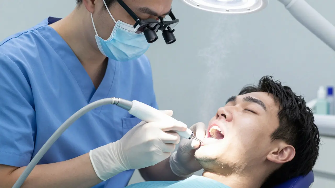 Dentist using ultrasonic scaler for painless dental cleaning in clinic