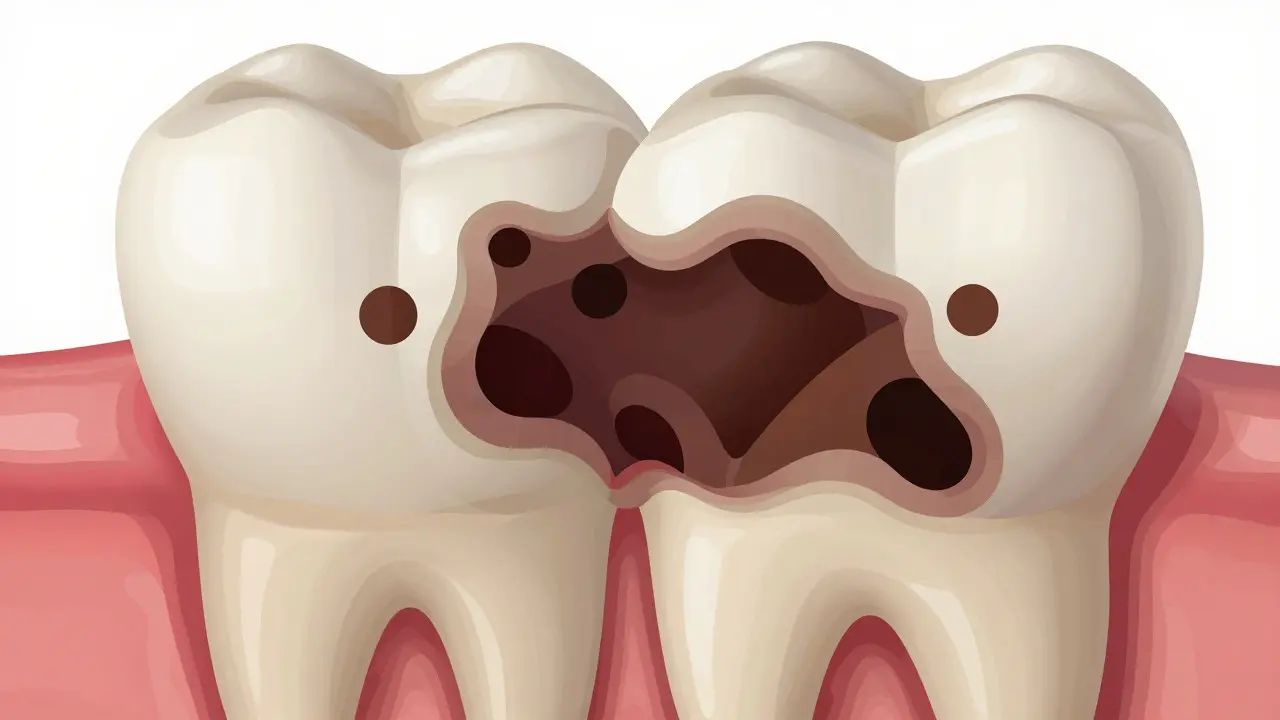 Ilustrace průřezu zubem ukazující tmavé díry a pokročilý zubní kaz v dentinu.