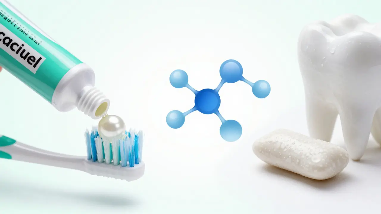 Konceptuální ilustrace remineralizace zubů pomocí fluoridů a xylitolu