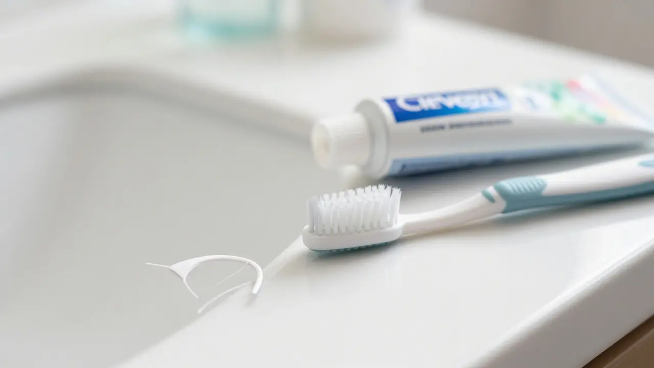Nástroje pro ústní hygienu jako kartáček a nitě na čistém povrchu