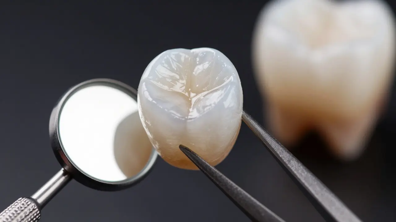 Porcelánová fazeta držená pinzetou vedle zrcátka
