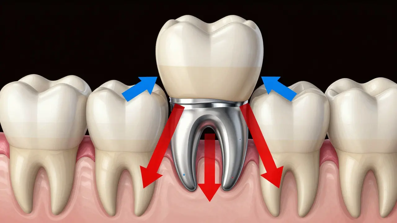 Schematický pohled na zatížení zubního implantátu v čelisti