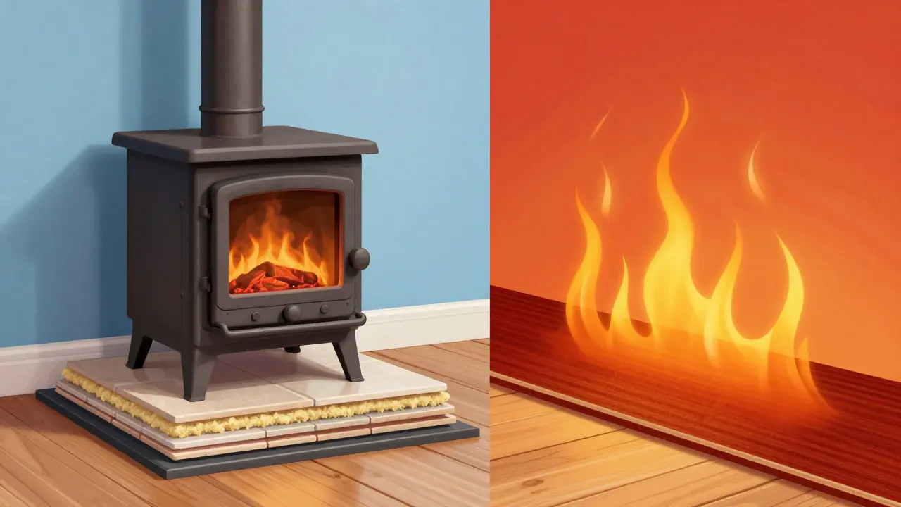 Srovnání bezpečné a nebezpečné instalace krbu na podlaze