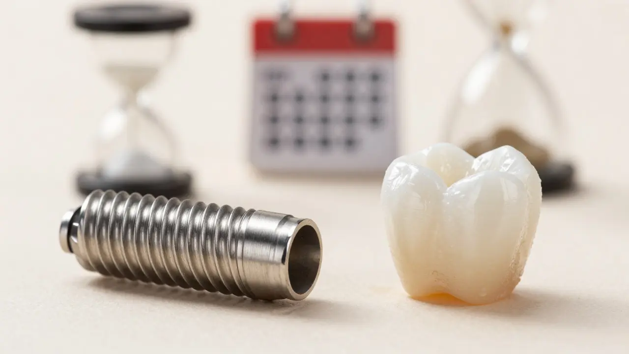 Srovnání titanového implantátu a keramické korunky v makro záběru