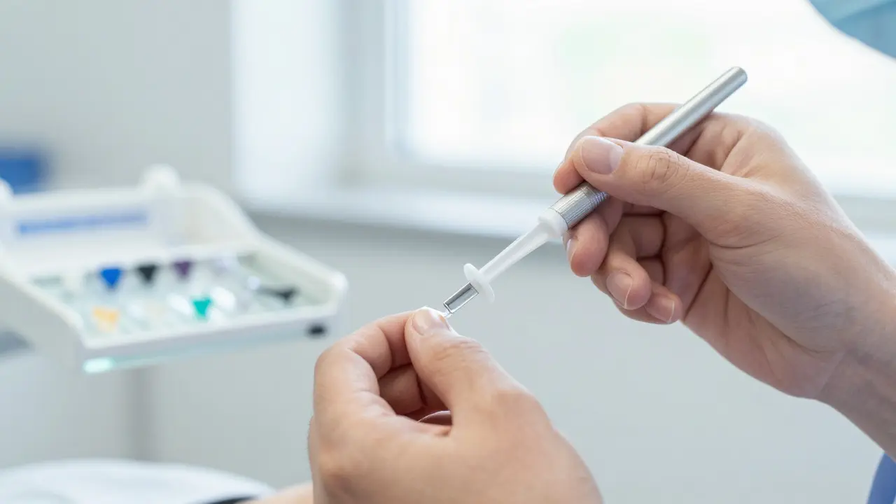 Zubní lékař aplikuje profesionální fluoridový lak na zub pacienta