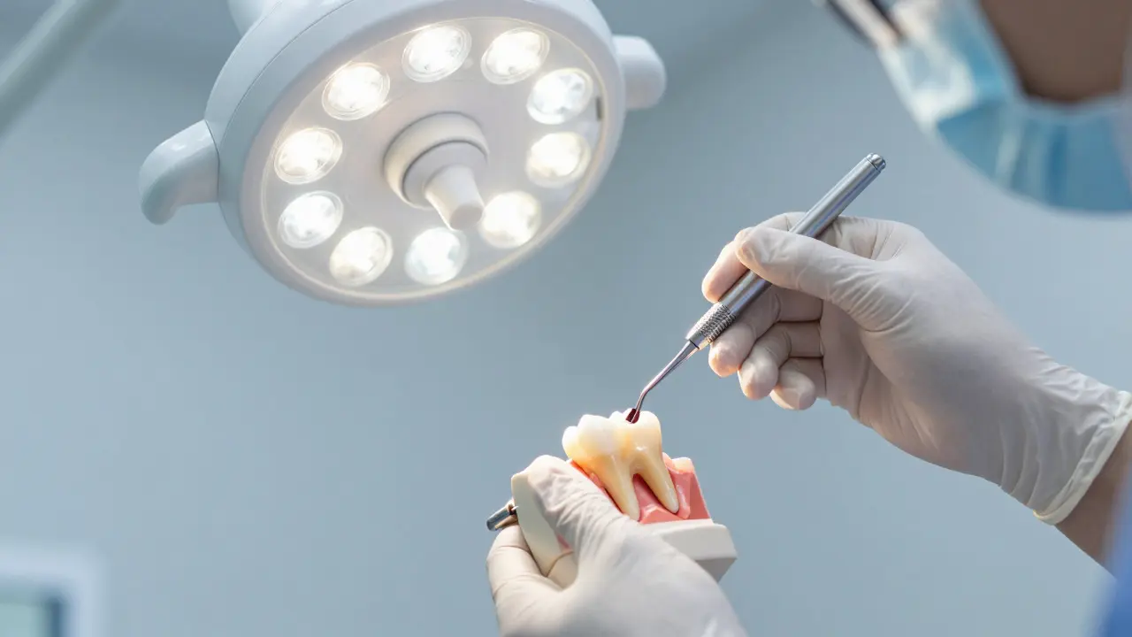 Zubní lékař provádí odbourání nervu během endodoncie