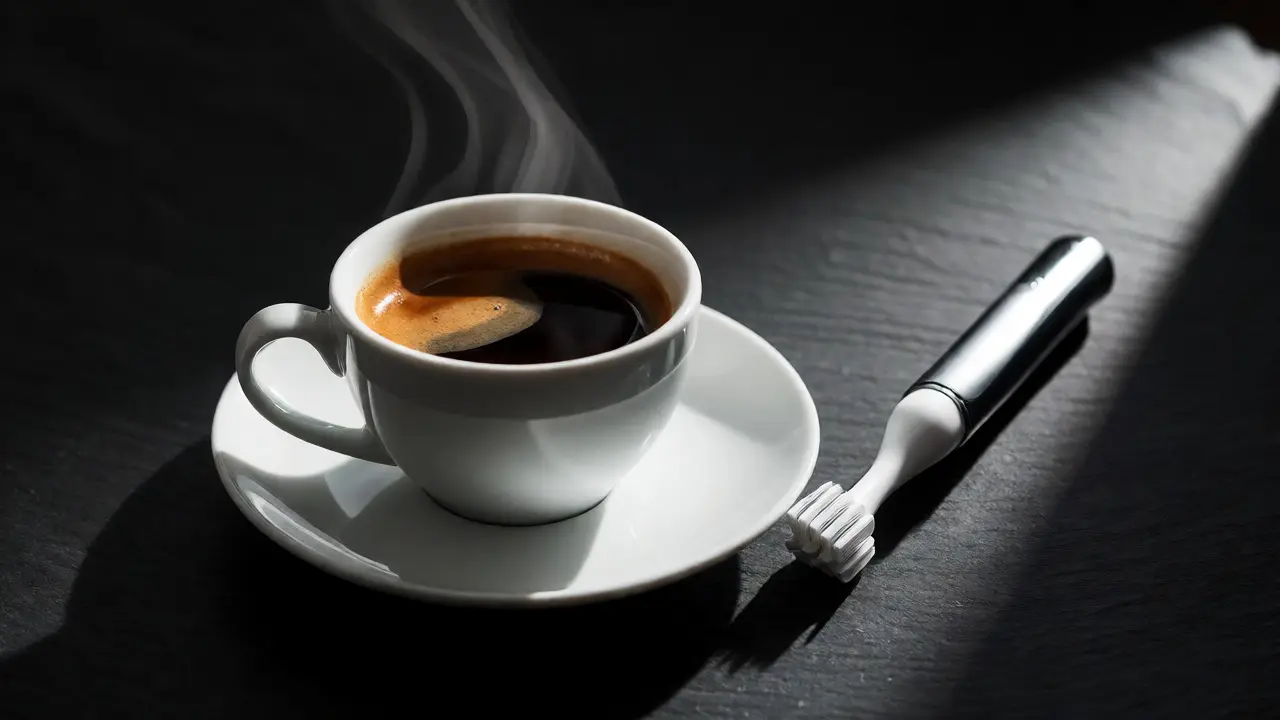 Espresso vedle elektrického kartáčku na tmavém pozadí