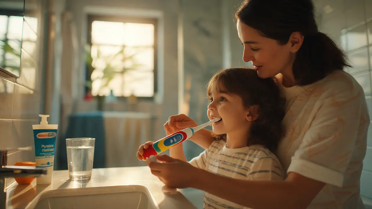 Matka pomáhá dítěti čistit zuby elektrickým kartáčkem