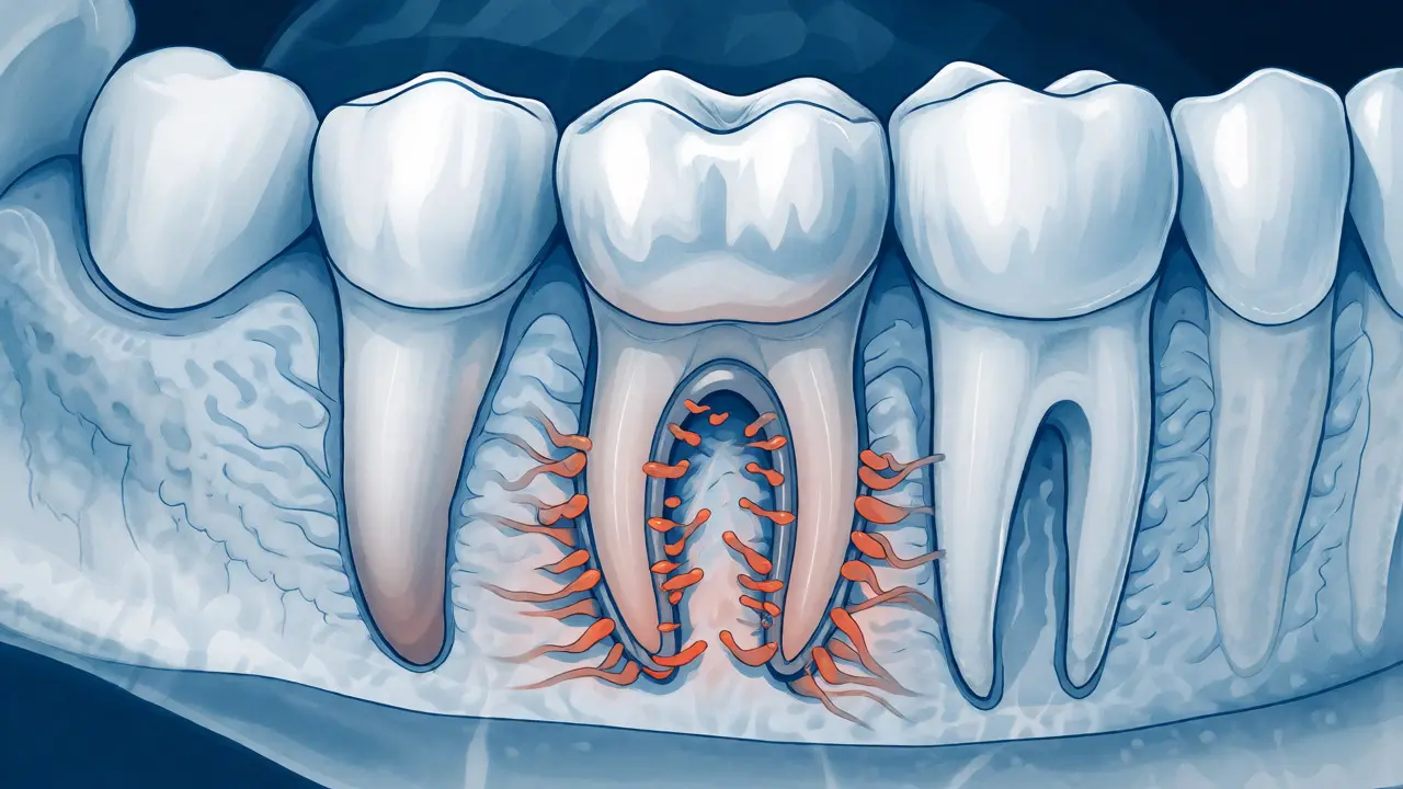 Medicínská ilustrace rozpouštění kořene mléčného zubu pod stálým zubem
