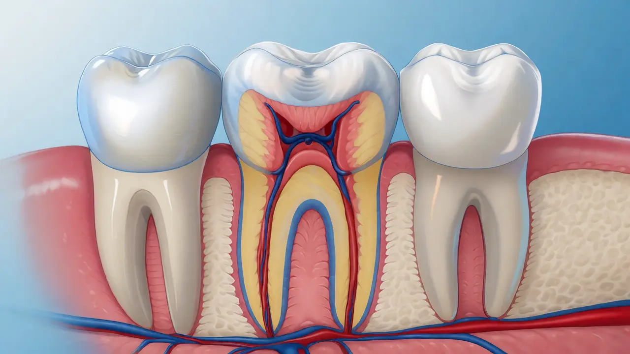 Průřez zubem ukazující sklovinu, dentin a dřeň