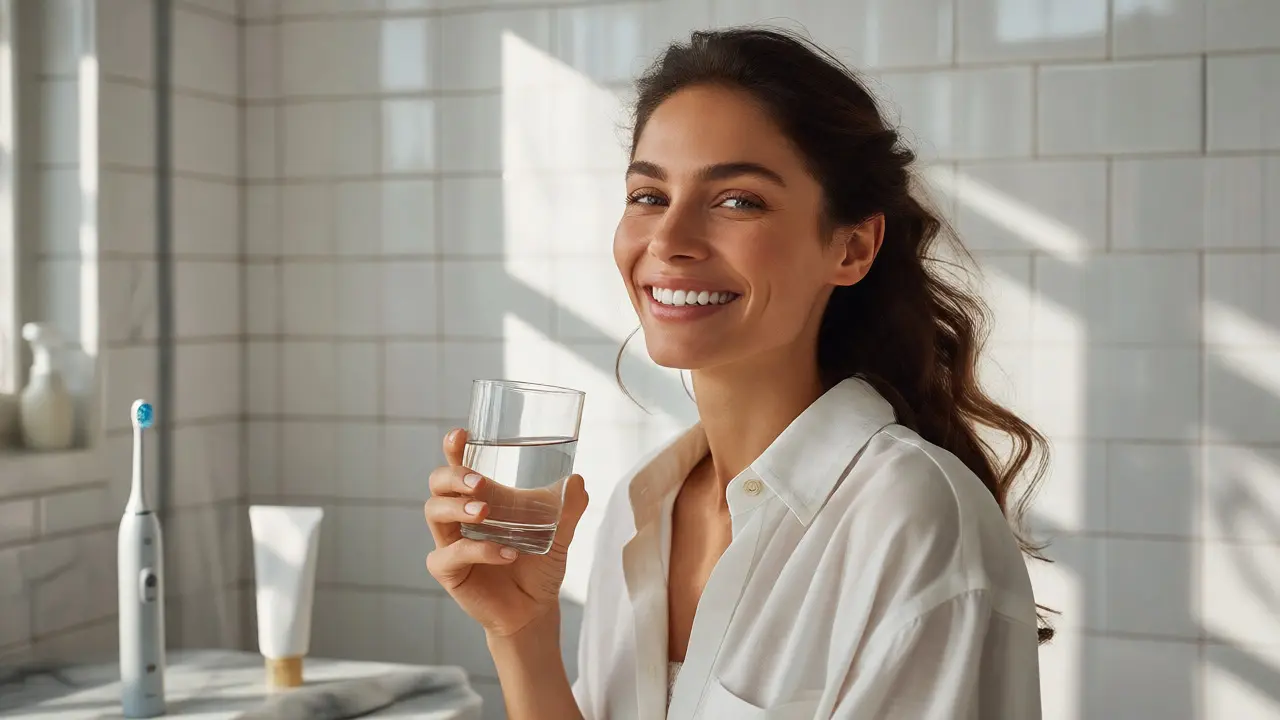 Spokojená žena s čistými bílými zuby po dentální hygieně