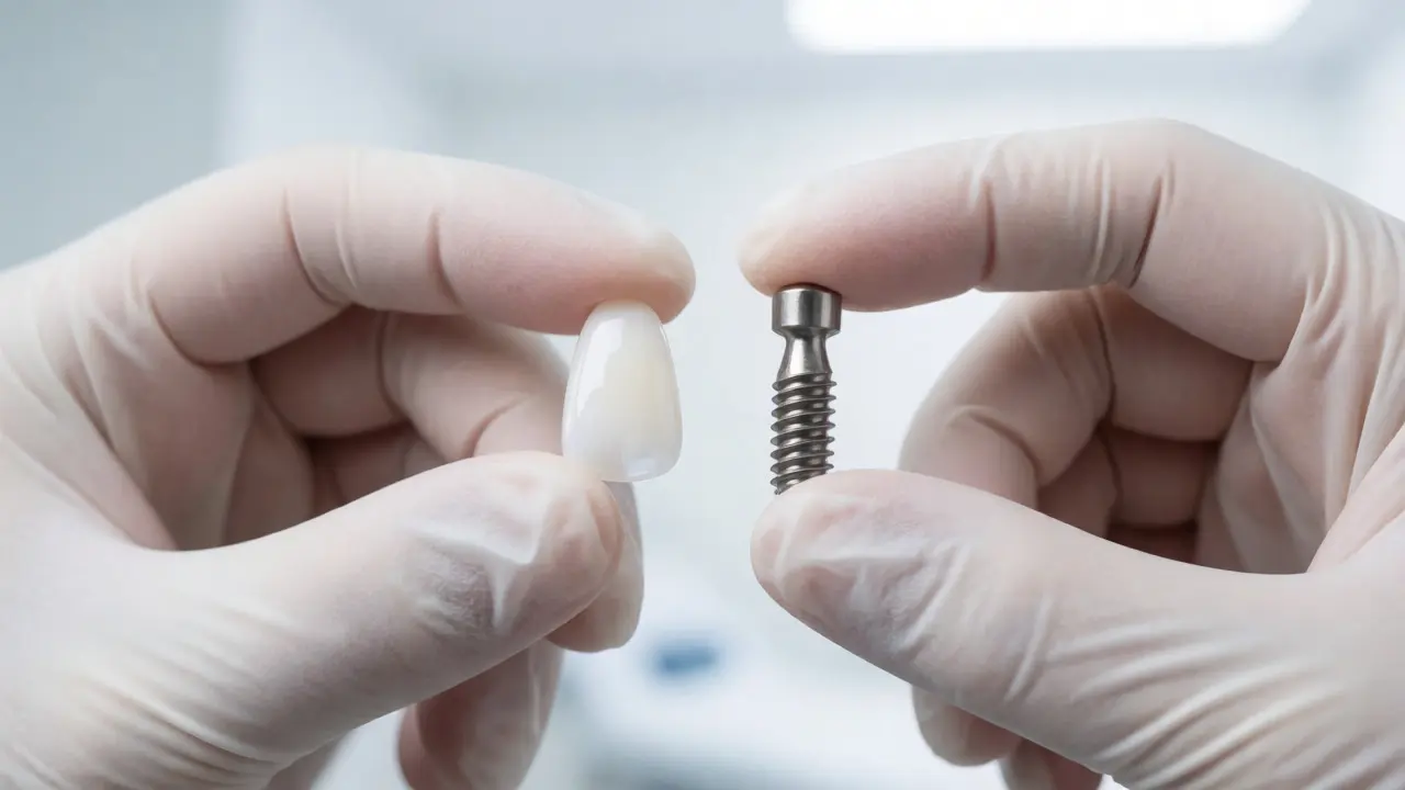 Srovnání keramické náplasti a titanového implantátu v ruce stomatologa