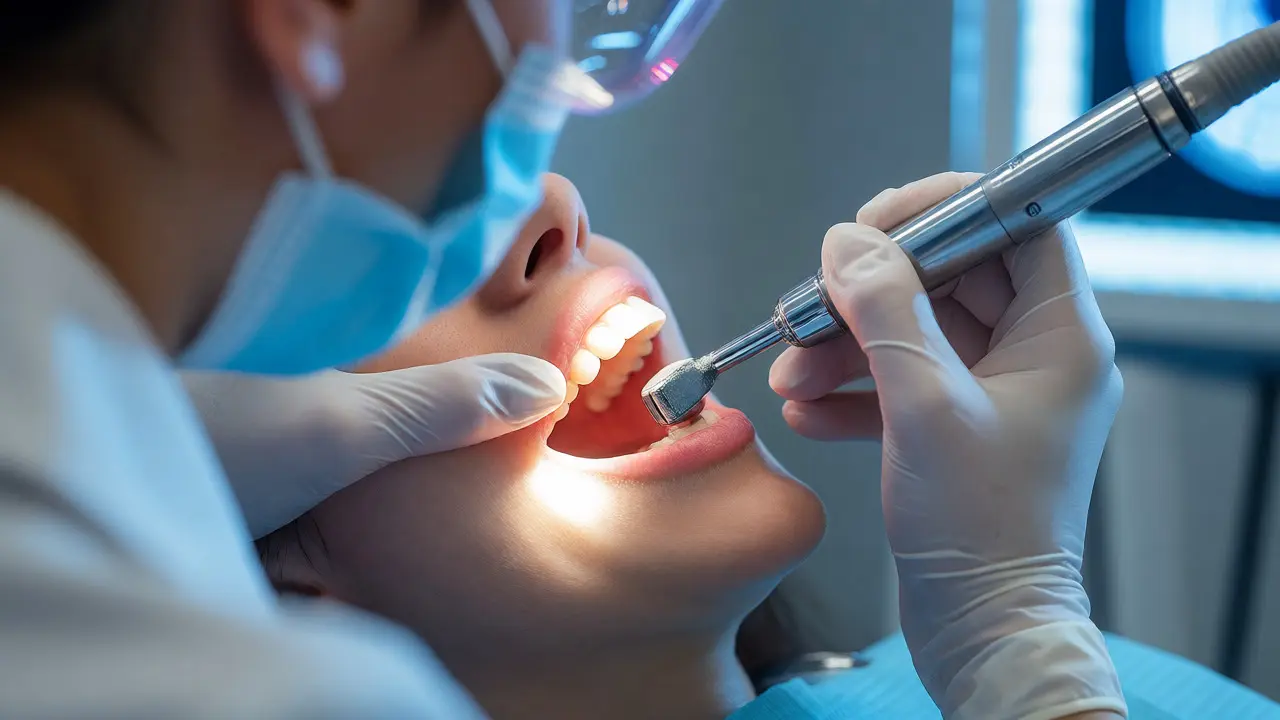 Zubní hygienista odstraňuje zubní kámen ultrazvukem v ordinaci.