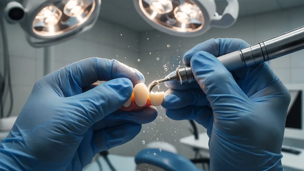 Zubní technik mechanicky odstraňuje zbytky silikonu z keramické korunky pomocí nástroje.