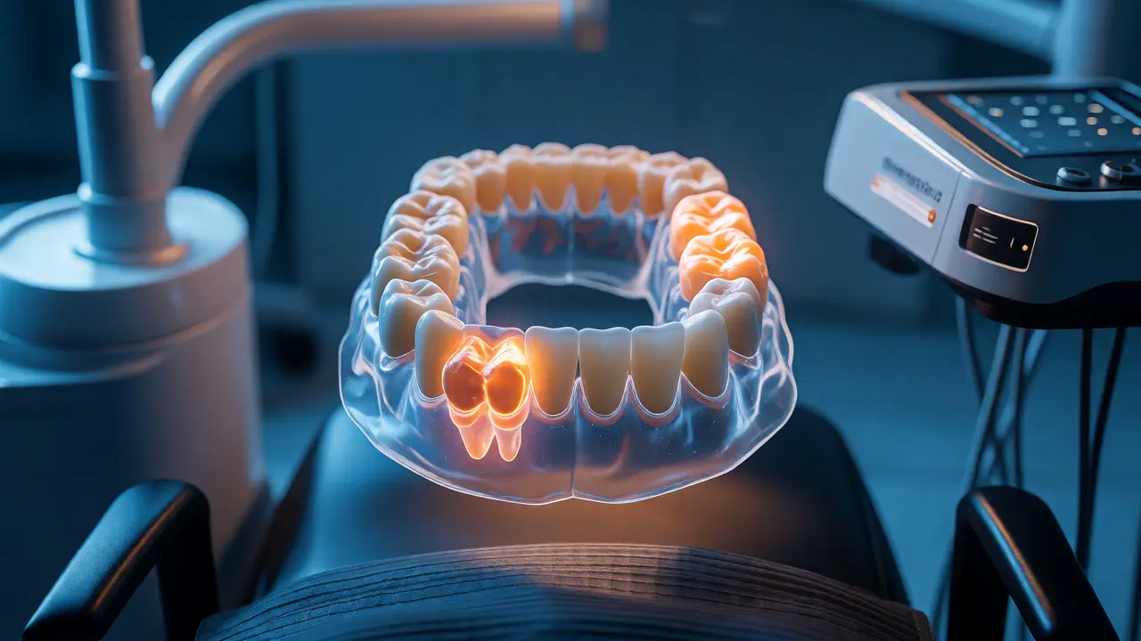 3D holografický model zubů s vyznačenými rizikovými molary