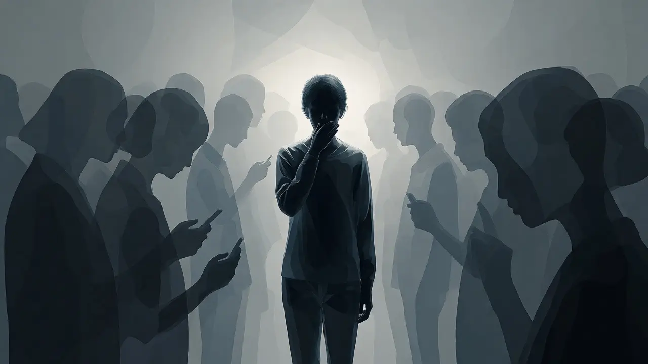 Abstraktní ilustrace osoby zakrývající si ústa v davu