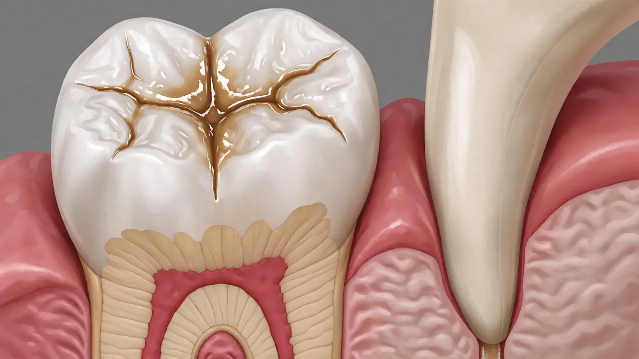 Anatomické srovnání stoličky s hlubokými rýhami a špičáku s dlouhým kořenem