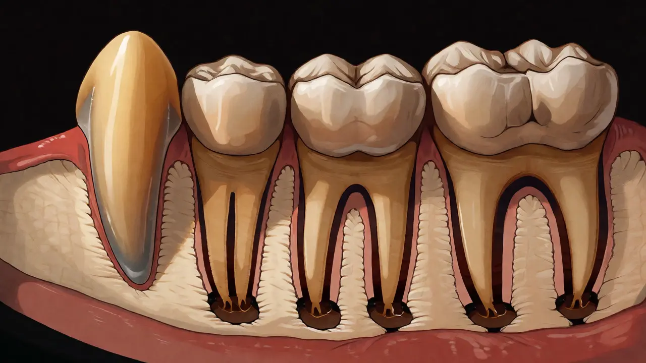 Anatomický řez zobrazující dlouhý kořen špičáku a přechod k třenovým zubům.