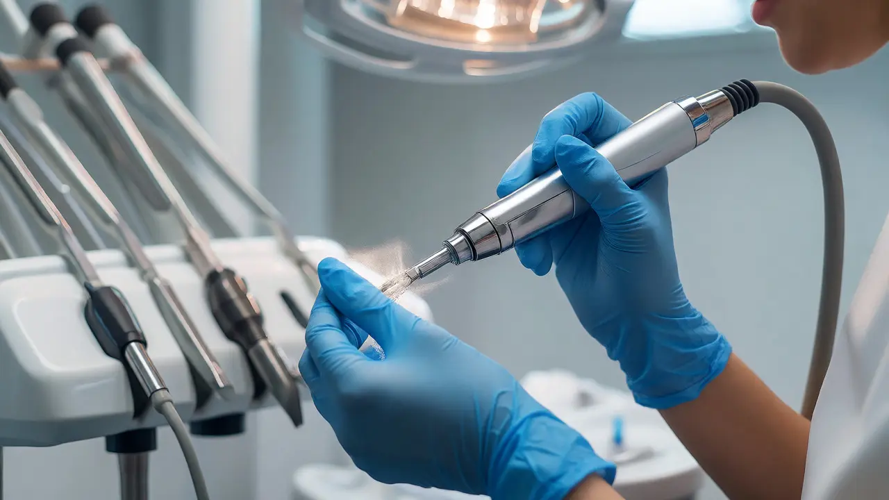 Dentální hygienistka provádí ultrazvukové čištění zubů pacienta v ordinaci