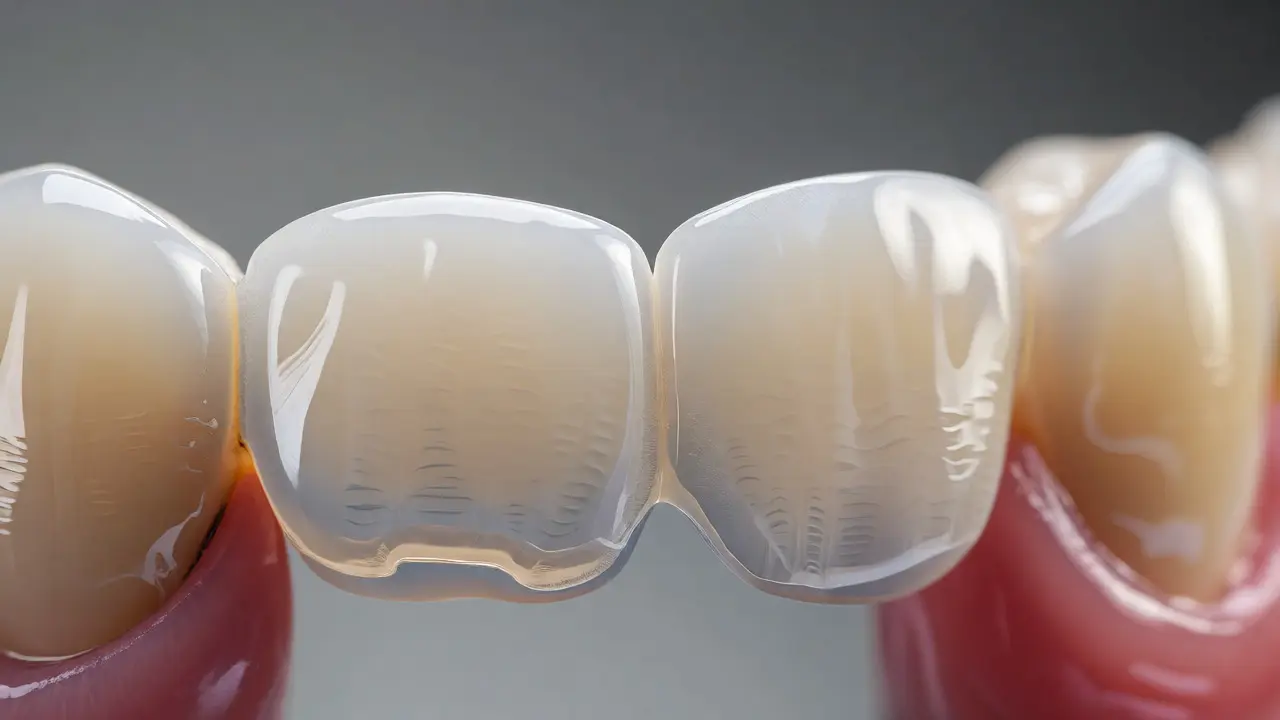 Detailní makro záběr na keramickou zubní fazetu přilepenou na zubu.
