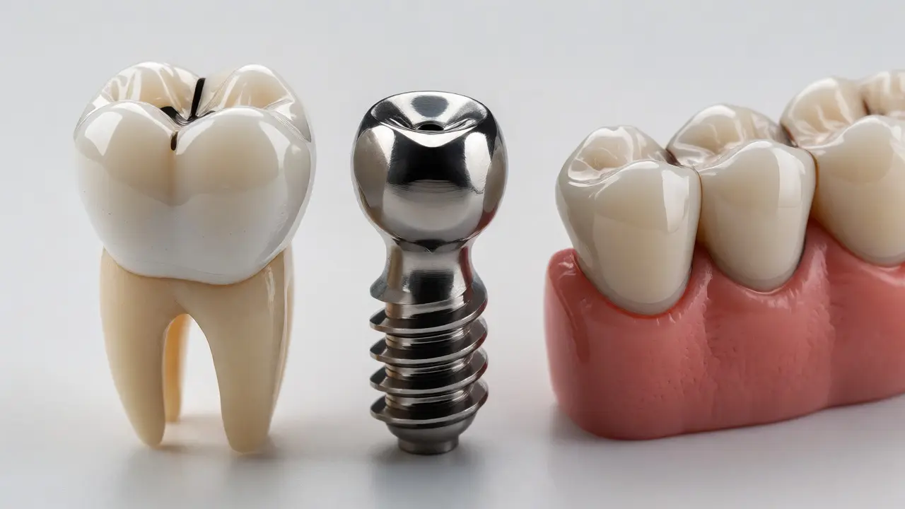 Detailní pohled na keramickou korunku, titanový implantát a zubní most.